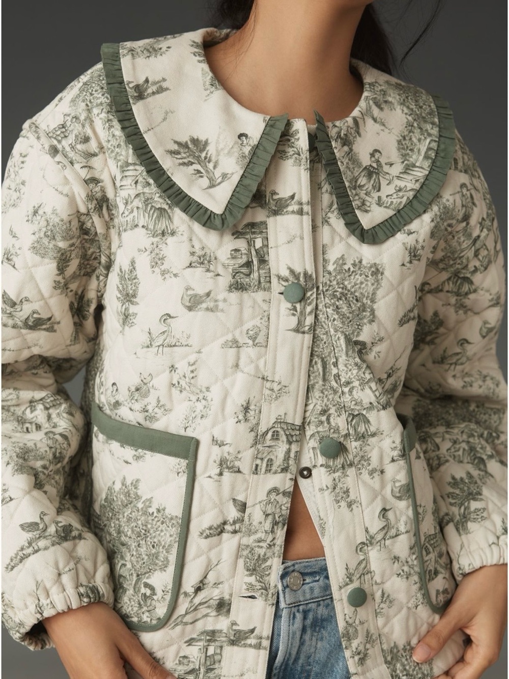 Anthropologie Quilted Toile Print Jacket with Green Trim - Picture 3 of 10